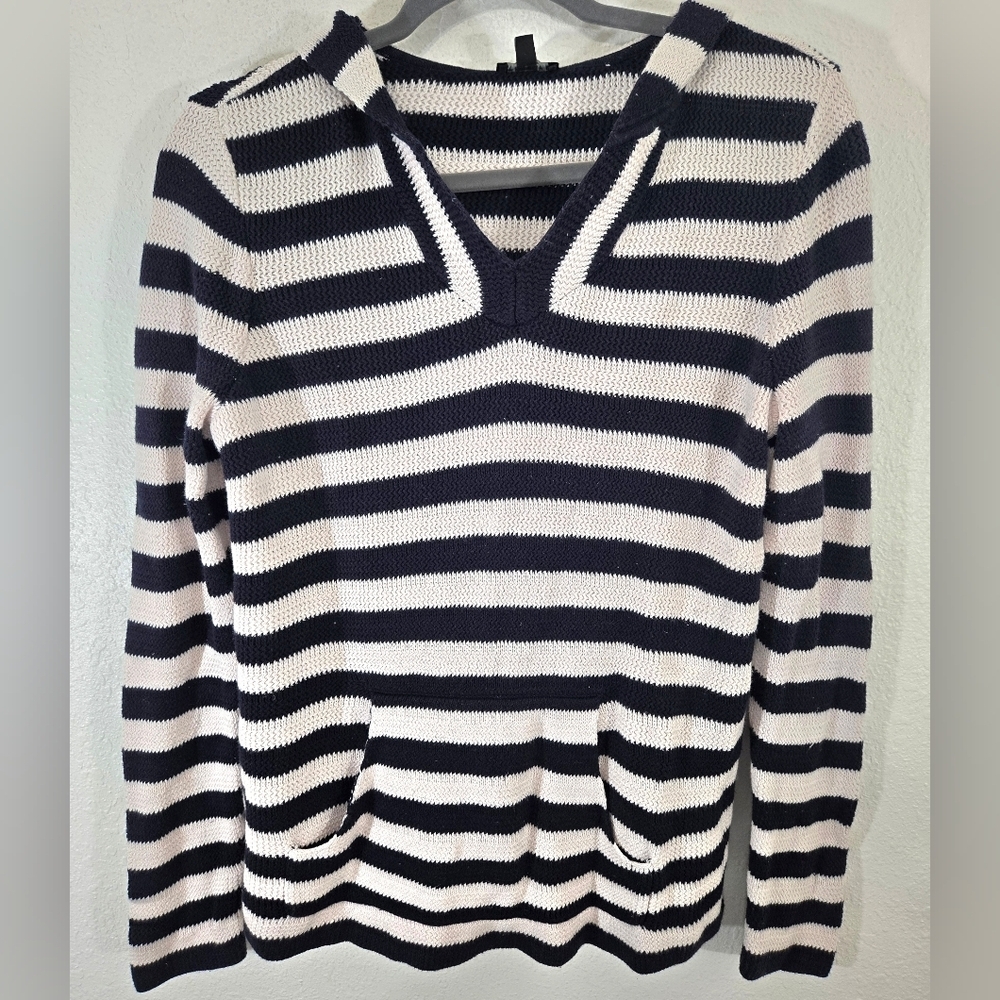 Talbots Petites Navy/Ivory Striped Cotton Knit Hooded Sweater Nautical, size MP